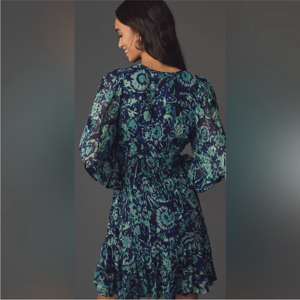 Anthropologie Long- Sleeve Somerset Mini Dress Blue Motif Size Large - Picture 2 of 13